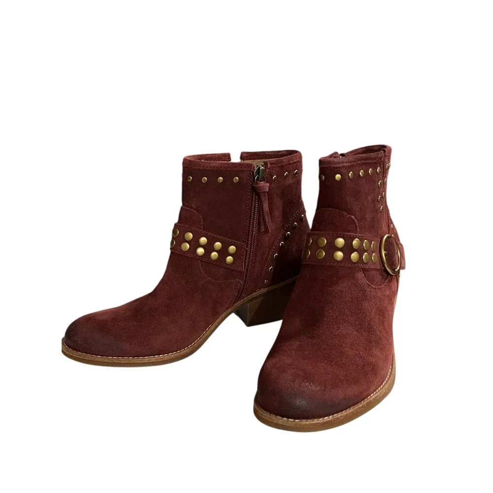 NWOT Sofft Burgundy Suede Studded Western Ankle Boots Buckle Harness 7.5M